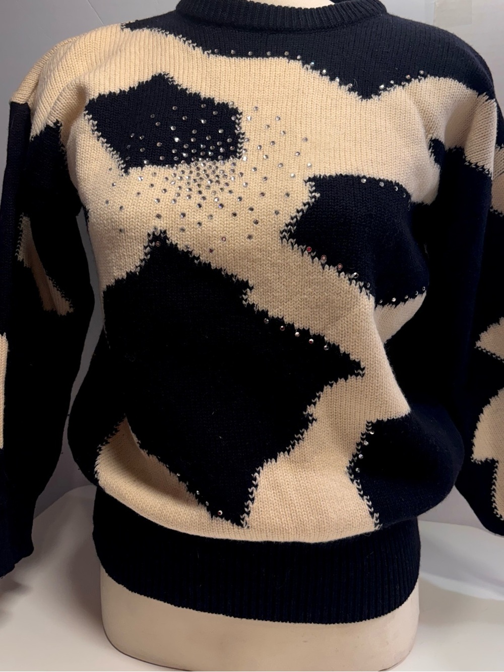Vintage ESCADA by Margaretha Ley 100% Virgin Wool Rhinestone Abstract Sweater 36